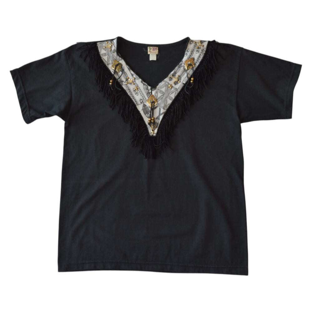 Vintage 80s Retro Cowgirl Black Fringe Shirt – Western V-Neck Tee